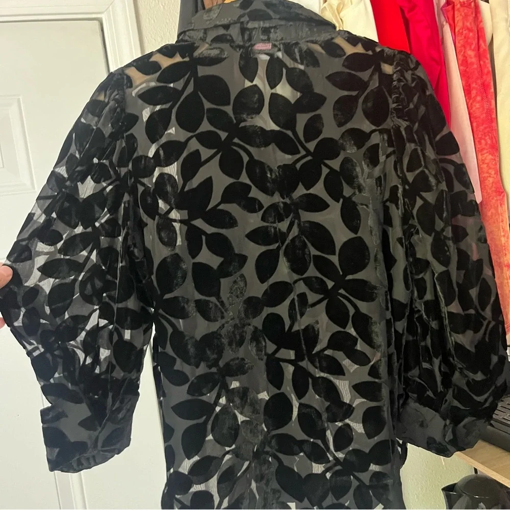 GRETCHEN SCOTT black sheer burn out velvet button up long sleeve shirt blouse - Picture 5 of 7